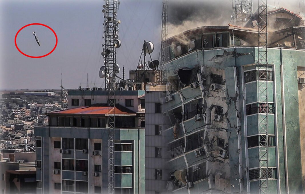 gaza_building_rocket_circle1 Εικόνα που παγώνει το αίμα ...Ο πύραυλος του Ισραήλ χτυπά το κτίριο των Associated Press και Al Jazeera – Εικόνες σοκ